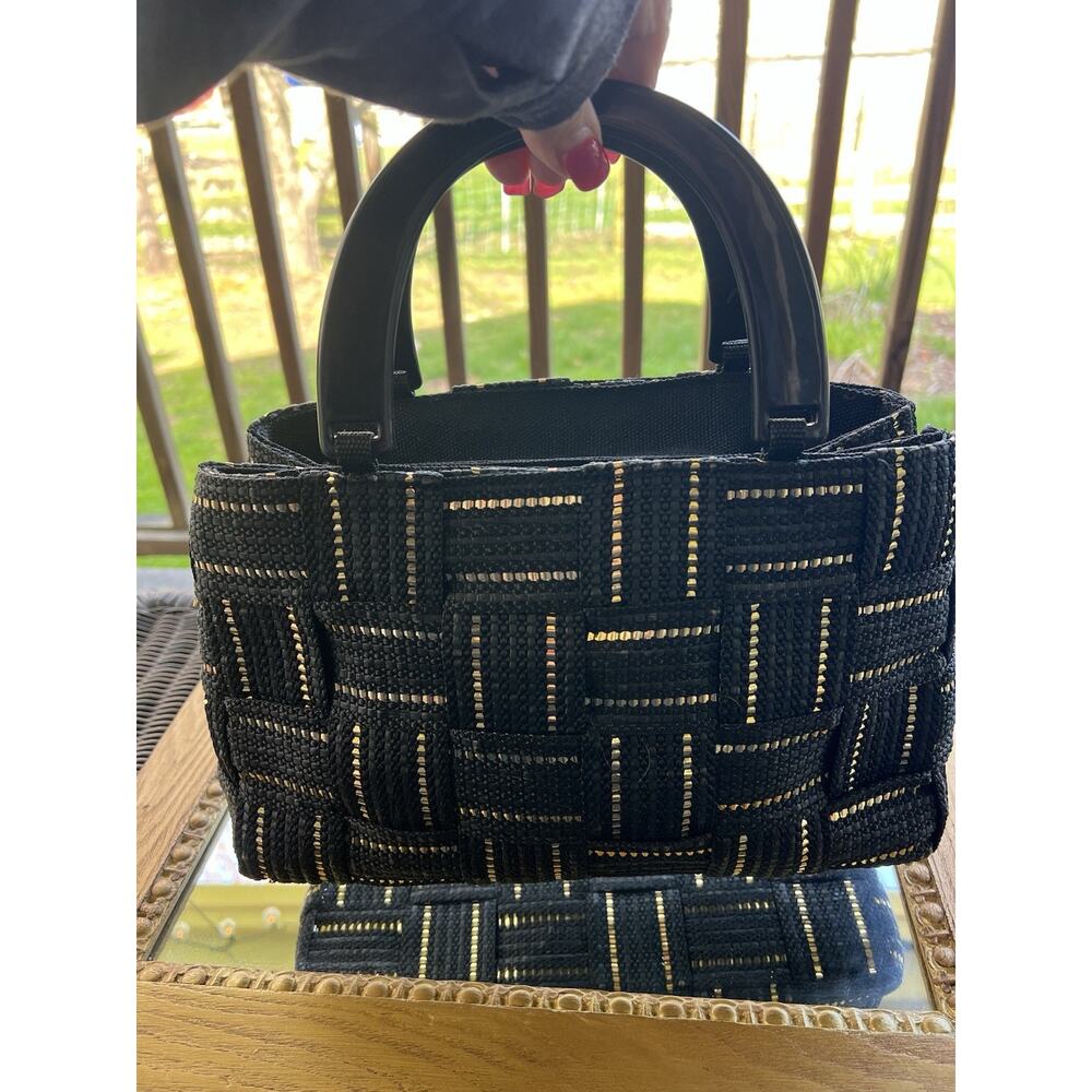 Vintage M&G Bertini Black and Gold Tote Bag Double Lucite Handles Made In Italy - Picture 12 of 12